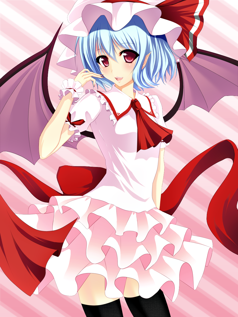 :d ascot bat_wings black_legwear blouse blue_hair blush bow collared_shirt dress fingernails frilled_dress frilled_shirt frilled_skirt frills hat hat_bow highres junior27016 large_bow layered_skirt mob_cap open_mouth pink_background pink_shirt pink_skirt pointy_ears red_eyes remilia_scarlet ribbon shirt skirt skirt_set smile solo standing striped striped_background thighhighs touhou turning_head wings wrist_cuffs zettai_ryouiki