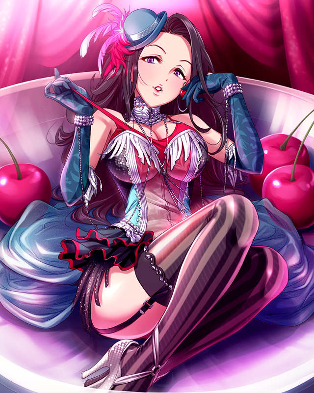 artist_request black_hair black_legwear breasts cleavage elbow_gloves garter_straps gloves high_heels idolmaster idolmaster_cinderella_girls large_breasts long_hair looking_at_viewer official_art purple_eyes solo striped striped_legwear takahashi_reiko thighhighs vertical-striped_legwear vertical_stripes