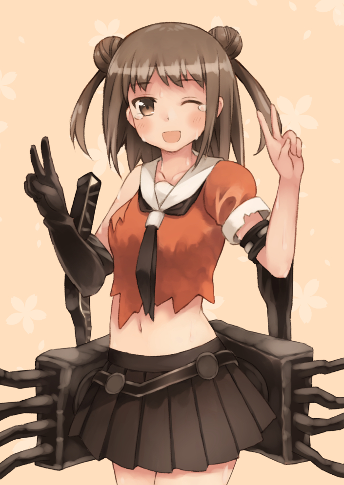 ;d blush brown_eyes brown_hair double_bun double_v elbow_gloves gloves kantai_collection kouno_hikaru looking_at_viewer naka_(kantai_collection) navel one_eye_closed open_mouth skirt smile solo tears torn_clothes v