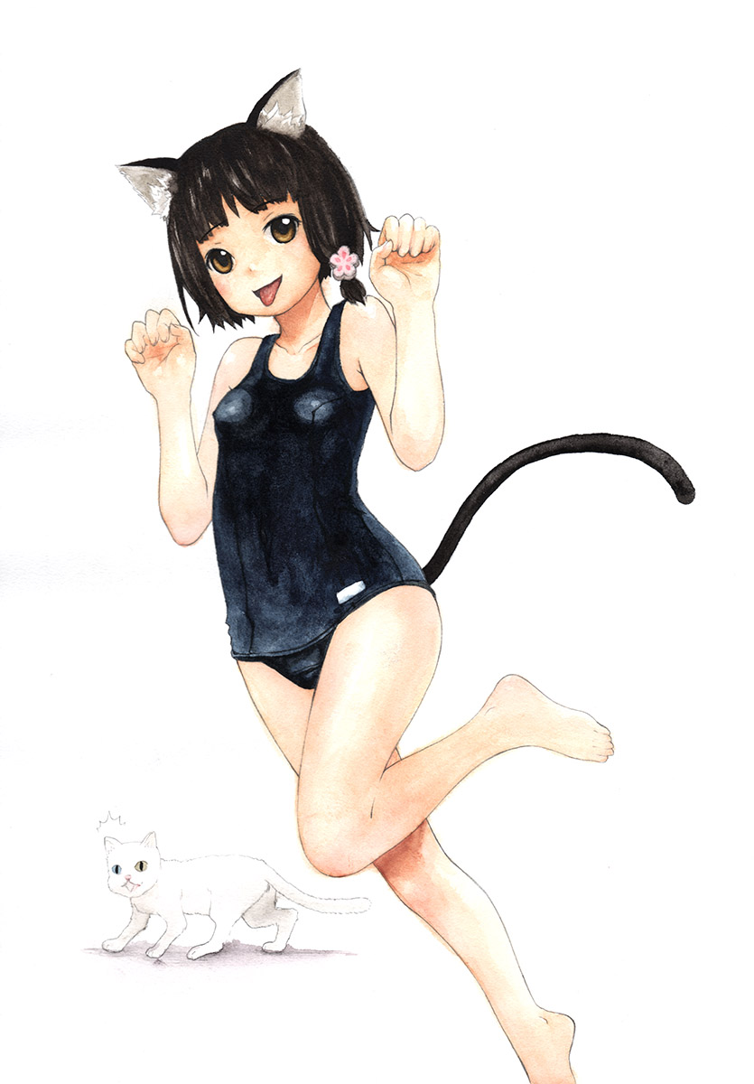 animal_ears bakushunka black_hair brown_eyes cat_ears highres one-piece_swimsuit original paw_pose school_swimsuit short_hair solo swimsuit tail tongue tongue_out