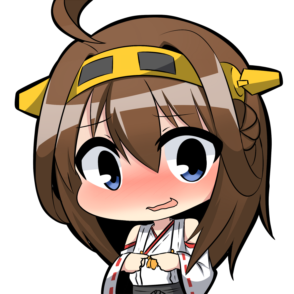 bare_shoulders blue_eyes blush brown_hair chibi detached_sleeves double_bun fidgeting fingers_together kantai_collection kongou_(kantai_collection) long_hair looking_at_viewer nontraditional_miko solo twumi