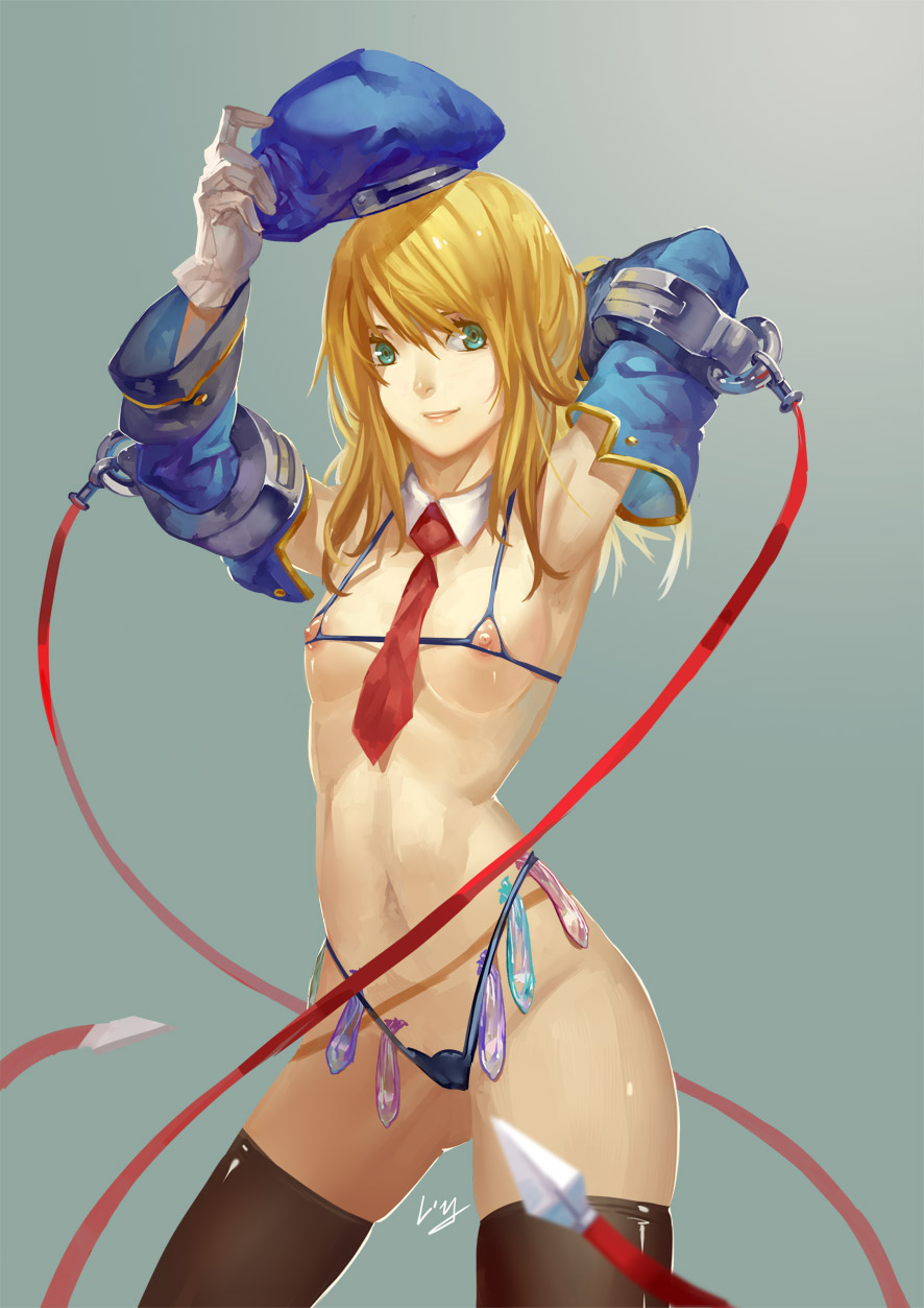 armpits beret blazblue blonde_hair condom detached_sleeves gloves green_eyes hat hat_removed headwear_removed highres nanaya_(daaijianglin) navel necktie nippleless_clothes noel_vermillion solo thighhighs