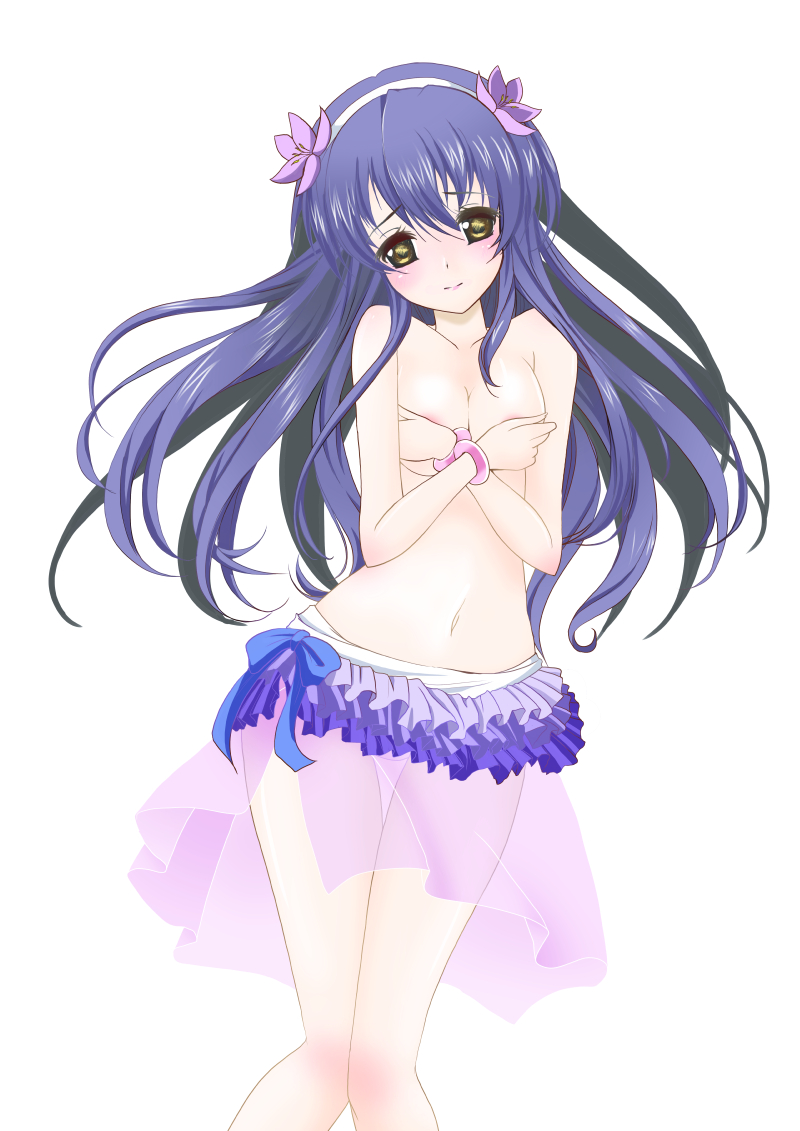 blue_hair blush breasts covering covering_breasts flower frapowa hair_flower hair_ornament hairband long_hair looking_at_viewer love_live! love_live!_school_idol_project medium_breasts natsuiro_egao_de_1_2_jump! navel solo sonoda_umi stomach topless very_long_hair
