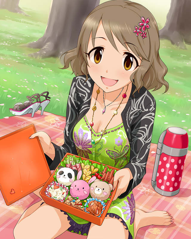 :d artist_request barefoot breasts brown_eyes brown_hair cardigan cleavage dress hair_ornament hairclip idolmaster idolmaster_cinderella_girls jewelry medium_breasts necklace obentou official_art open_mouth picnic shoes_removed short_hair sitting smile solo star tsukimiya_miyabi wariza