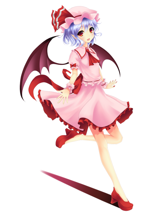 :d ascot bat_wings blouse blue_hair blush bow dancing dress fingernails frilled_dress frilled_shirt frilled_skirt frills hat hat_bow high_heels junior27016 looking_at_viewer mob_cap no_socks open_mouth pink_dress pink_shirt pink_skirt puffy_sleeves red_eyes red_footwear remilia_scarlet ribbon shirt shoes short_sleeves skirt skirt_set smile solo touhou wings wrist_cuffs