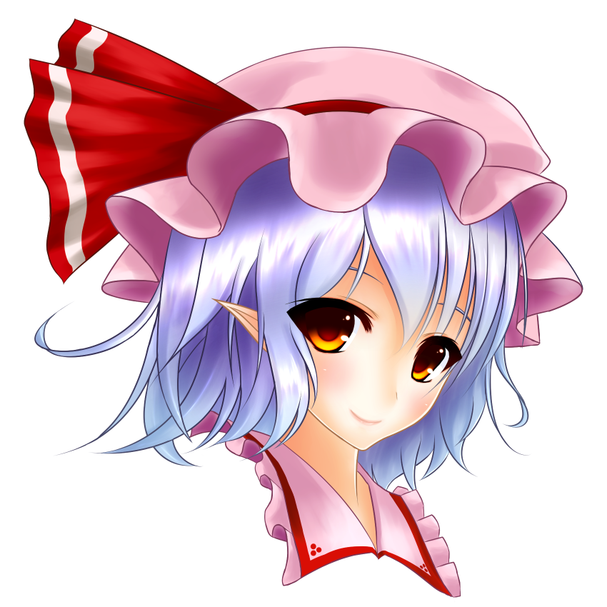 blue_hair bow closed_mouth collared_shirt face frilled_shirt frills gradient_eyes hat hat_bow junior27016 looking_at_viewer mob_cap multicolored multicolored_eyes orange_eyes pointy_ears portrait remilia_scarlet shirt smile solo touhou