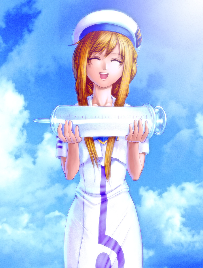 alicia_florence aria blonde_hair braid capelet closed_eyes cloud day hat large_syringe long_hair oversized_object s_zenith_lee sky smile syringe uniform you_gonna_get_raped