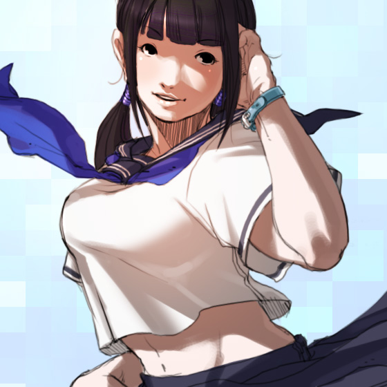 adjusting_hair black_hair breasts brown_eyes cleavage copyright_request falcoon japanese_clothes large_breasts long_hair midriff neckerchief school_uniform skirt solo watch wristwatch
