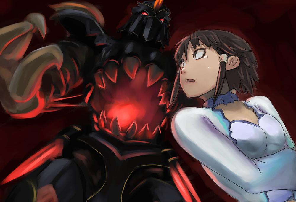 :o chai_xianghua collarbone face monster nightmare_(soulcalibur) open_mouth scared sharp_teeth soulcalibur soulcalibur_iv surprised sweatdrop tea_(nakenashi) teeth upper_body wide-eyed you_gonna_get_raped