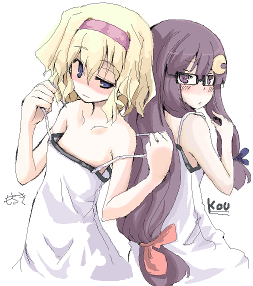 alice_margatroid alternate_costume bespectacled blonde_hair blue_eyes collaboration crescent crescent_hair_ornament downblouse dress glasses hair_ornament hairband ko-&gt;u long_hair looking_back mochiki multiple_girls oekaki off_shoulder patchouli_knowledge purple_hair raised_eyebrow short_hair touhou uneven_eyes