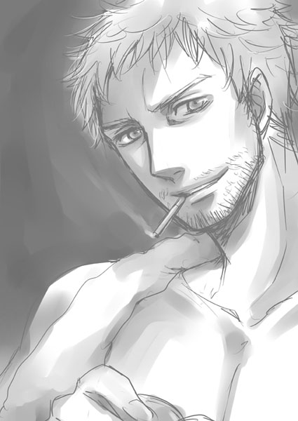 abs cigarette doujima_ryoutarou facial_hair greyscale male_focus manly monochrome persona persona_4 smoking solo stubble towel