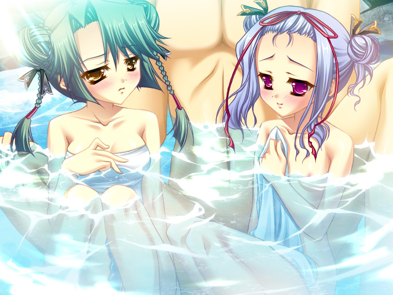 1boy 2girls blue_hair blush breasts brown_eyes double_handjob game_cg green_hair handjob hikage_eiji kaku_bunwa_(koihime_musou) koihime_musou mixed_bathing multiple_girls navel nude penis pink_eyes toutaku water wet