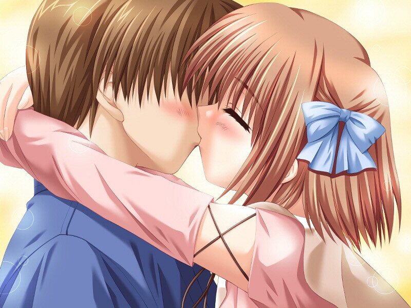 1girl blue_shirt blush brown_hair couple game_cg girigiri_love kiss kusakabe_nanami ohizumi_daisaku ribbon shirt short_hair