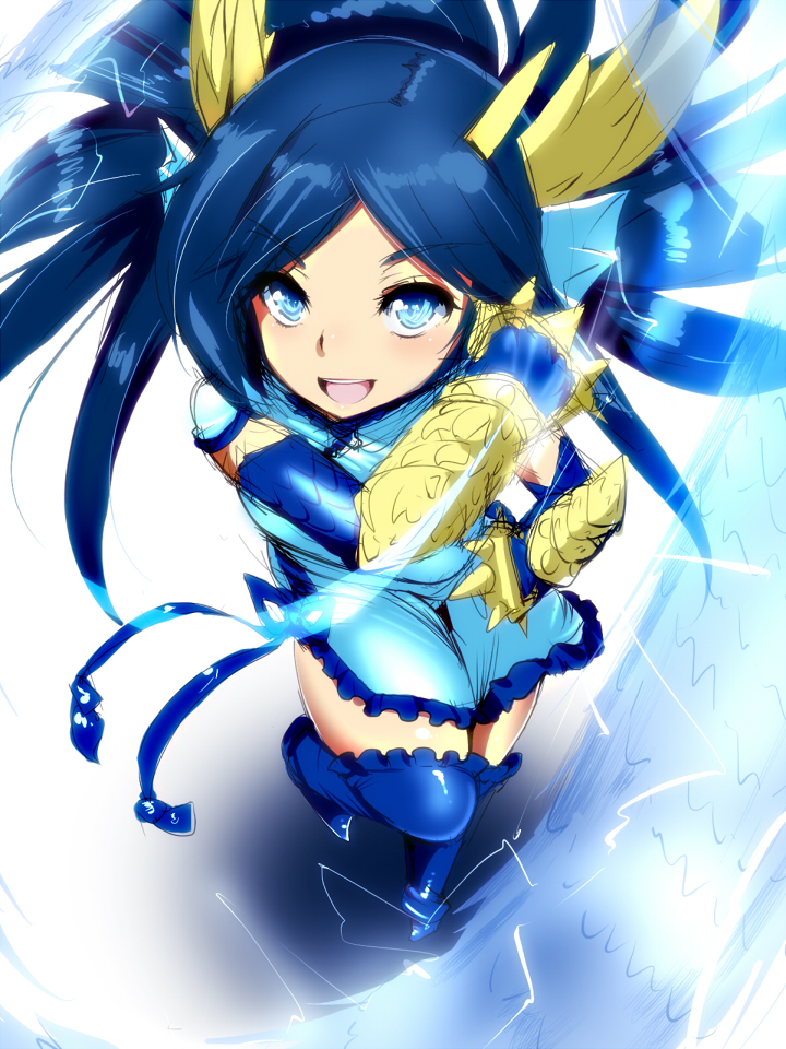 bad_id bad_pixiv_id blue_eyes blue_footwear blue_hair boots china_dress chinese_clothes dragon_girl dragon_tail dress from_above head_fins horns hyudora karin_(p&amp;d) long_hair open_mouth puzzle_&amp;_dragons smile tail thighhighs