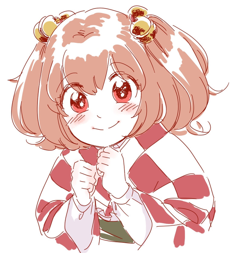 bell blush checkered hair_bell hair_ornament japanese_clothes jingle_bell long_sleeves looking_at_viewer mitsumoto_jouji motoori_kosuzu red_eyes red_hair short_hair simple_background sketch smile solo touhou two_side_up upper_body white_background