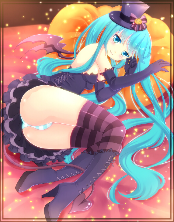aqua_eyes aqua_hair boots cross-laced_footwear demon_tail demon_wings elbow_gloves gloves hat hatsune_miku high_heels lace-up_boots long_hair lying md5_mismatch mofumofu_(minidora-dorara) on_side panties skirt solo striped striped_legwear striped_panties tail thighhighs top_hat twintails underwear very_long_hair vocaloid wings