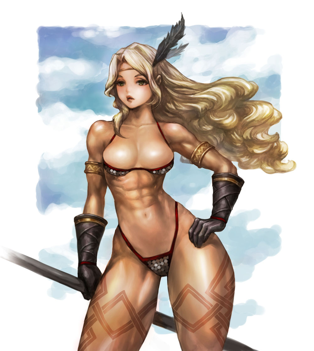 abs amazon_(dragon's_crown) armband armlet armor bare_shoulders bikini_armor black_gloves blonde_hair breasts circlet cleavage contrapposto dragon's_crown feathers gloves hand_on_hip kodonggae long_hair medium_breasts muscle muscular_female nail_polish navel polearm solo standing tattoo thighs weapon