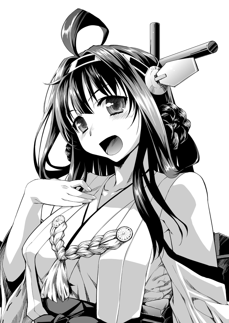 bare_shoulders blush detached_sleeves double_bun greyscale hair_ornament hairband headgear japanese_clothes kantai_collection kongou_(kantai_collection) long_hair monochrome nontraditional_miko open_mouth portrait smile solo yamaguchi_homupe