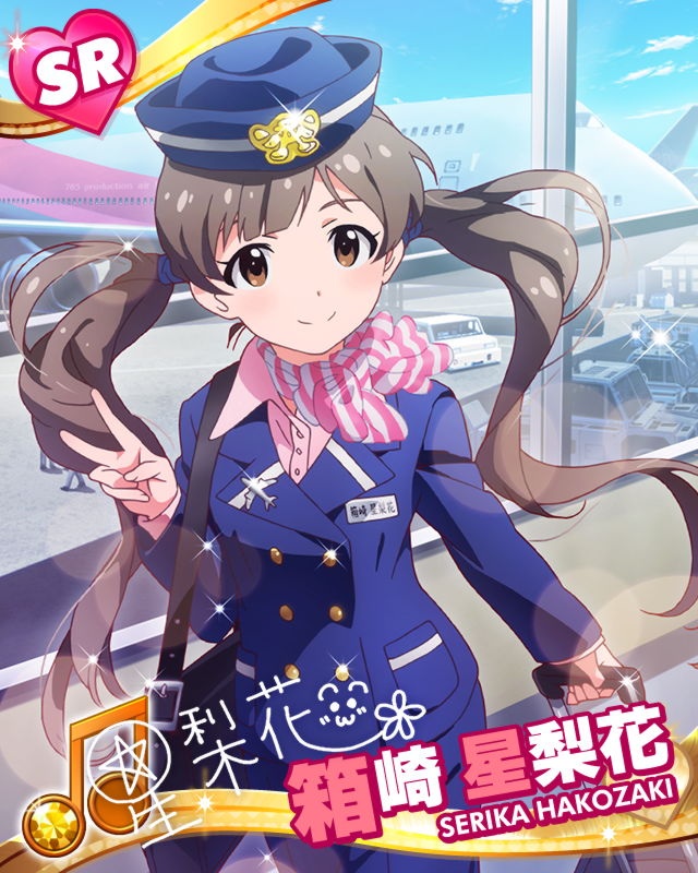 aircraft airplane beamed_eighth_notes brown_eyes brown_hair card_(medium) character_name character_signature day hakozaki_serika hat idolmaster idolmaster_million_live! lens_flare looking_at_viewer musical_note official_art pencil_skirt scarf skirt sky smile sparkle stewardess twintails v