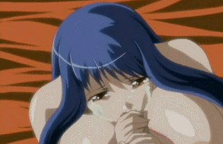 ane_to_boin animated animated_gif blue_hair blush breasts brown_eyes cleavage cum fellatio hanamaru_ringo huge_breasts large_breasts long_hair lowres oral uncensored