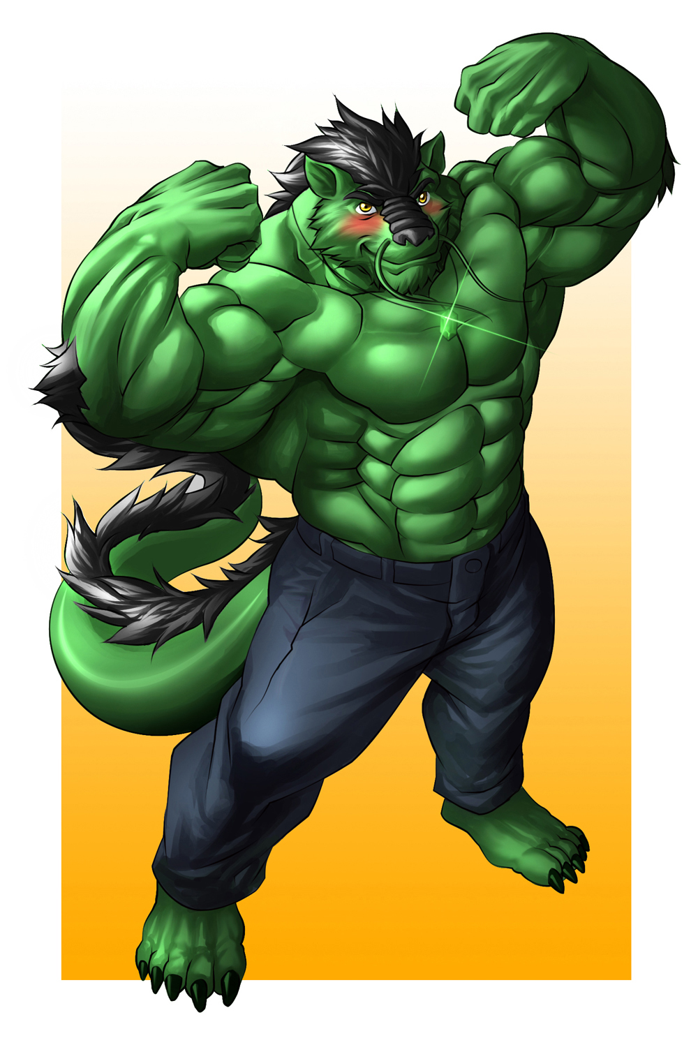 abs anthro biceps big_muscles black_fur black_hair black_nose blush chinese_dragon claws clothed clothing dragon dramon echin flexing fur green_dragon green_fur green_skin grey_fur grin hair half-dressed looking_at_viewer male muscles necklace pants pecs pose reptile scales scalie shiny smile solo standing toe_claws toned topless yellow_eyes