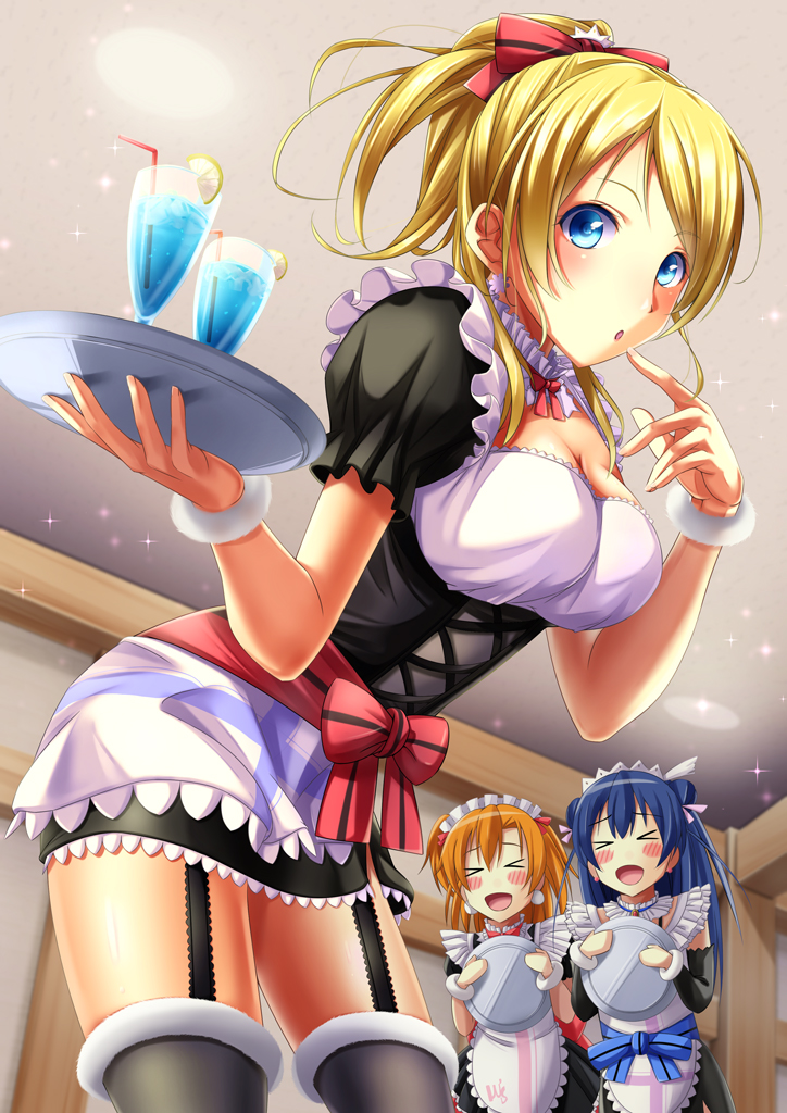 &gt;_&lt; :d :o apron ayase_eli bangs black_legwear blonde_hair blue_eyes blue_hair blush blush_stickers bow breasts brown_hair cleavage closed_eyes cup drink drinking_glass drinking_straw frills fukuma garter_straps glasses hair_ornament kousaka_honoka large_breasts long_hair looking_at_viewer love_live! love_live!_school_idol_project maid maid_headdress mogyutto_"love"_de_sekkin_chuu! multiple_girls open_mouth parted_bangs parted_lips ponytail ribbon short_hair short_ponytail smile soda sonoda_umi thighhighs tray waitress xd