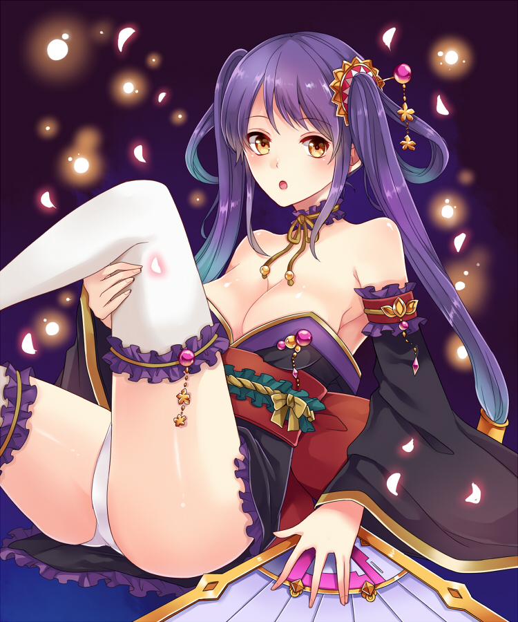 bare_shoulders breasts cleavage detached_sleeves large_breasts long_hair panties purple_hair senjou_no_electro_girl shina_shina solo thighhighs underwear yellow_eyes
