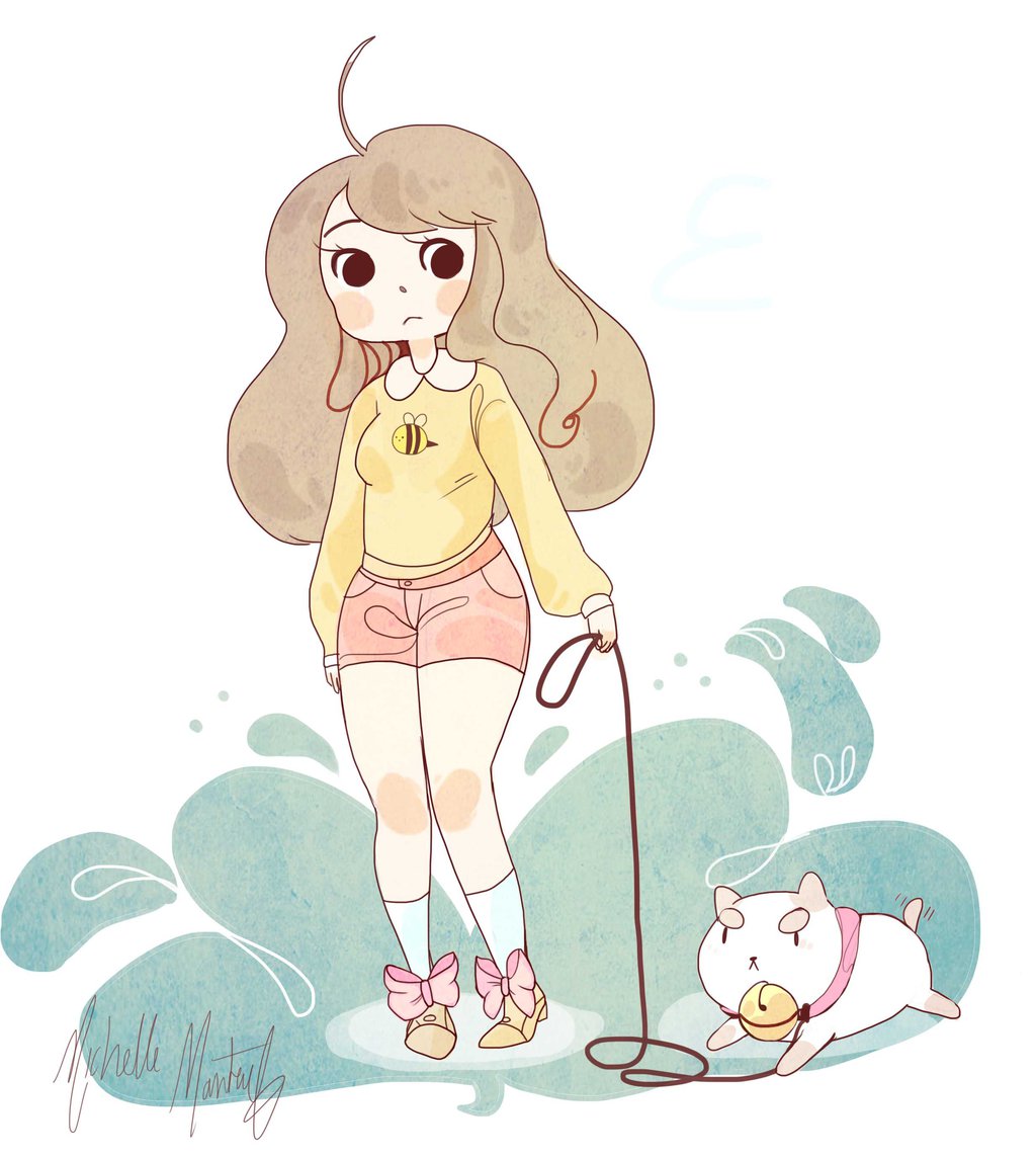 :&lt; ahoge animal animal_print arms_at_sides bangs bee bee_(bee_and_puppycat) bee_and_puppycat bell blush_stickers bow brown_hair bug cat character_print closed_mouth eyelashes frown full_body holding_leash insect jingle_bell kneehighs knees_together_feet_apart leash long_hair long_sleeves looking_at_another looking_down michelle_mantale motion_lines pigeon-toed print_shirt puppycat red_shorts shirt shoes shorts signature swept_bangs tail_wagging white_background yellow_footwear