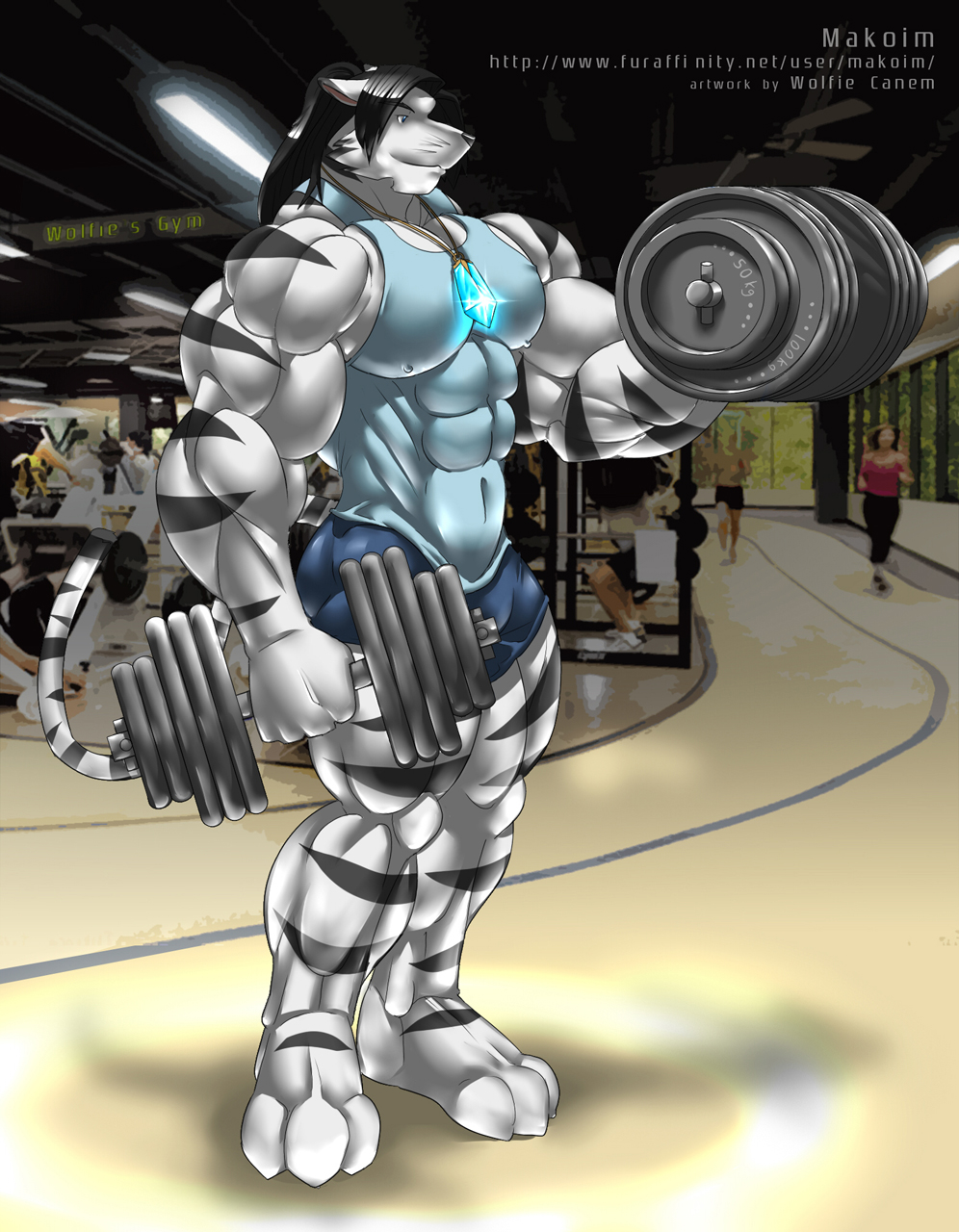 anthro biceps big_muscles black_fur black_hair black_nose blue_eyes body_markings bodybuilder bodybuilding bulge clothing english_text feline fur grin gym hair makoim_(character) male mammal markings muscles necklace nipples pecs pose shirt shorts smile solo standing stripes tank_top text tiger toned weightlifting weights white_fur white_tiger wolfiecanem