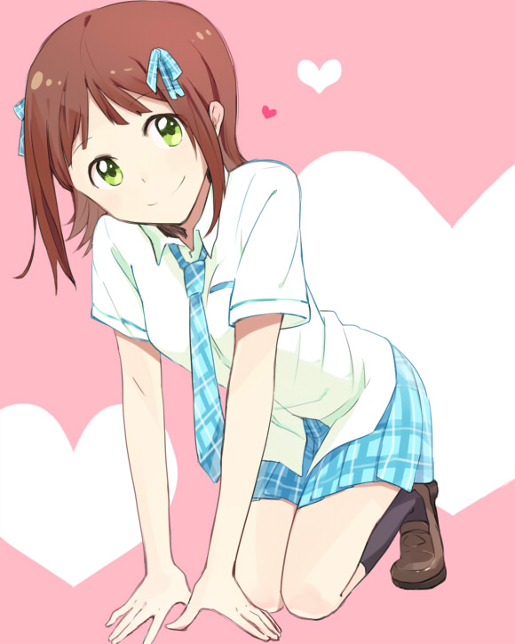 amami_haruka brown_hair green_eyes heart idolmaster idolmaster_(classic) necktie ribbon smile solo sou_(tuhut)