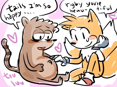 anthro blush canine duo english_text fox gay katachan male male_pregnancy mammal miles_prower pregnant raccoon regular_show rigby sega sonic_(series) text