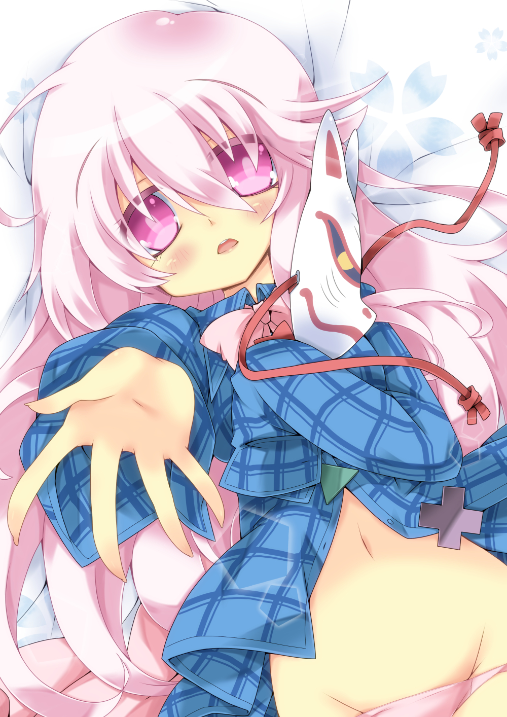 blush bow face_mask fox_mask hata_no_kokoro highres long_hair long_sleeves looking_at_viewer lying mask midriff milkpanda navel no_pants on_back open_mouth outstretched_arm outstretched_hand panties panty_pull pink_eyes pink_hair pink_panties plaid plaid_shirt shirt skirt solo touhou underwear very_long_hair wide_sleeves