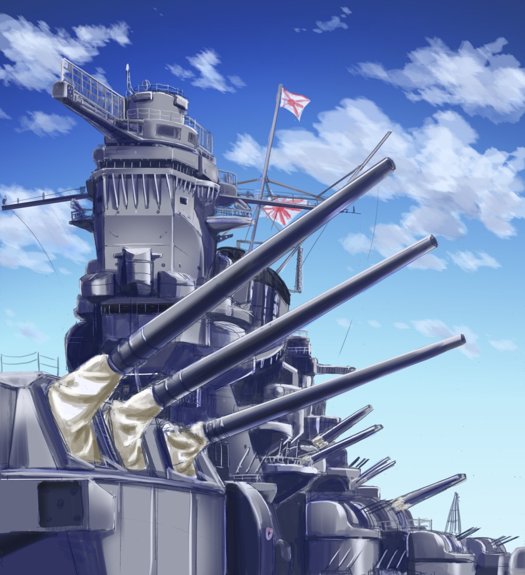 cannon cloud day flag imperial_japanese_navy japanese_flag kotsuka military military_vehicle no_humans rising_sun ship sunburst turret warship watercraft world_war_ii yamato_(battleship)
