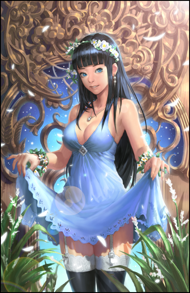 bangs bare_shoulders black_hair black_legwear blue_dress blue_eyes blunt_bangs border breasts cleavage dress dress_lift earrings eyelashes fingernails flower flower_bracelet garter_straps hair_flower hair_ornament hairband jewelry kilart lace lace-trimmed_thighhighs lens_flare long_hair md5_mismatch medium_breasts necklace nose original revision ring solo thighhighs