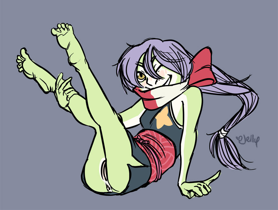 blush bottomless female frog grey_background hair jellybats leg_grab one_eye_closed pinkie_out plain_background purple_hair scarf sitting soles solo webbed_feet webbed_fingers webbed_hands webbed_toes webbing wink yellow_eyes