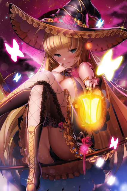 aile_(crossroads) blonde_hair blue_eyes blush boots breasts broom bug butterfly crossed_legs detached_sleeves hat insect lantern large_breasts long_hair looking_at_viewer original panties sitting smile solo sword_girls tattoo thighhighs underwear witch_hat