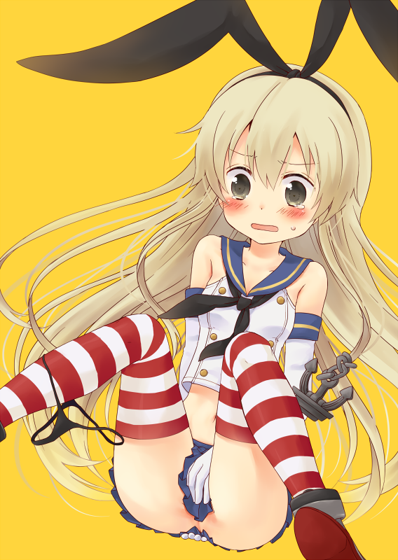 blonde_hair brown_eyes crying crying_with_eyes_open elbow_gloves gloves hair_ornament hair_ribbon kantai_collection long_hair microskirt midriff navel ribbon shimakaze_(kantai_collection) siva skirt smile solo striped striped_legwear tears thighhighs