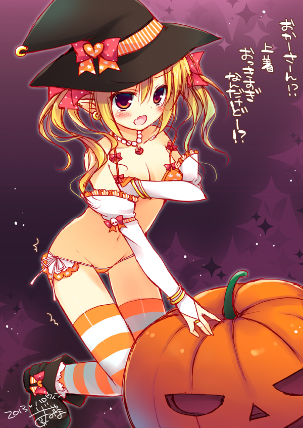 blonde_hair boots bra bracelet breasts bridal_gauntlets cleavage dated earrings fang halloween hat izumiyuhina jack-o'-lantern jewelry long_hair medium_breasts navel necktie open_mouth original panties pointy_ears red_eyes side-tie_panties signature solo thighhighs translated underwear underwear_only witch_hat