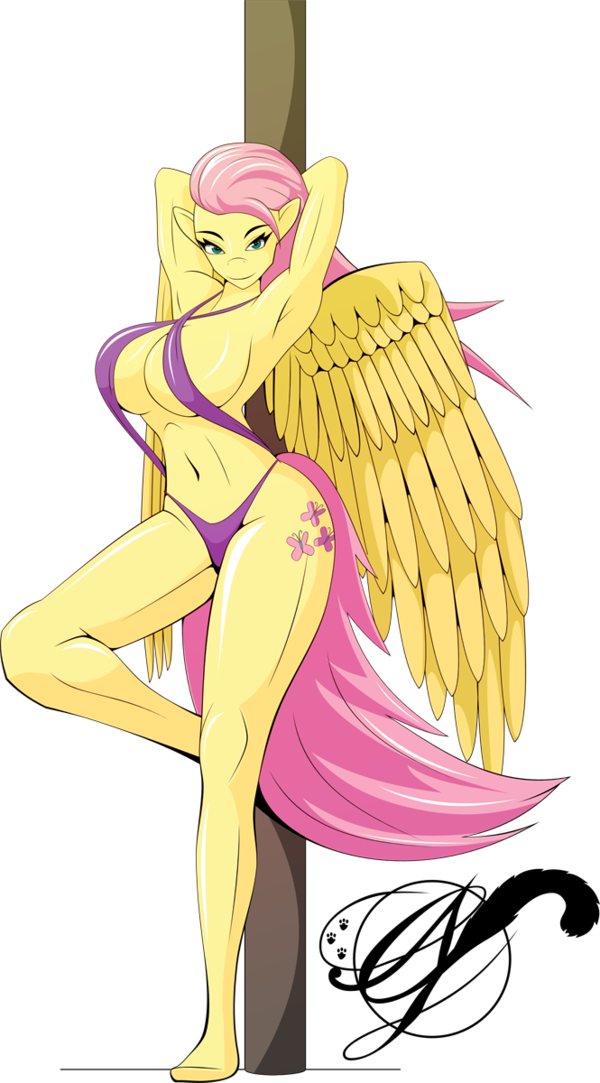 alpha_channel anthro anthrofied big_breasts bikini blue_eyes breasts cleavage clothed clothing cutie_mark dancing equine female fluttershy_(mlp) friendship_is_magic hands_behind_head horse looking_at_viewer looking_at_viwewer mammal my_little_pony pegasus plain_background pole pole_dancing pony pose post swimsuit transparent_background wings xlblackinklx