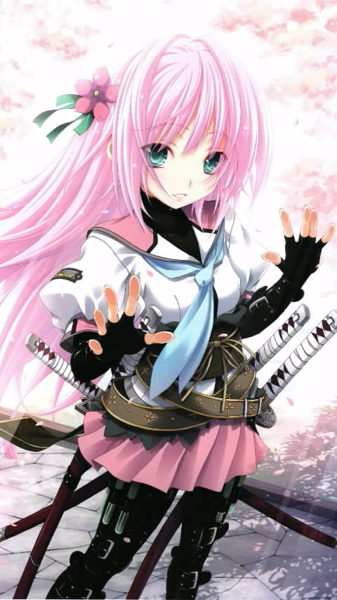 artist_request long_hair ooku_no_sakura pantyhose pink_hair sakura_(ooku_no_sakura) solo weapon
