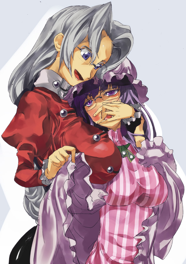 bespectacled blue_eyes breasts dress glasses hair_intakes hat huge_breasts long_hair multiple_girls no_hat no_headwear open_mouth patchouli_knowledge purple_eyes purple_hair silver_hair smile striped striped_dress touhou yagokoro_eirin yohane
