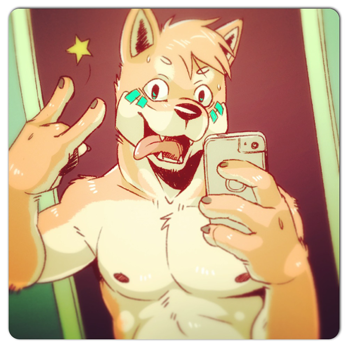 \m/ anthro biceps bust canine cellphone dog fangs fur hair iphone looking_at_viewer male mammal mirror muscles nipples pecs phone pose seaside_(artist) selfie shiba_inu solo standing star tongue tongue_out topless ying