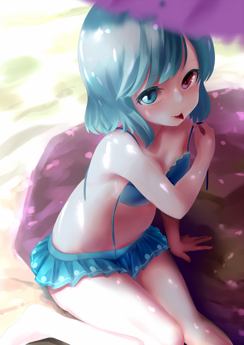 :p bare_legs bare_shoulders barefoot beach bikini bikini_skirt blue_eyes blue_hair blush heterochromia kachayori purple_umbrella red_eyes short_hair sitting smile solo swimsuit tatara_kogasa tongue tongue_out touhou umbrella untied untied_bikini