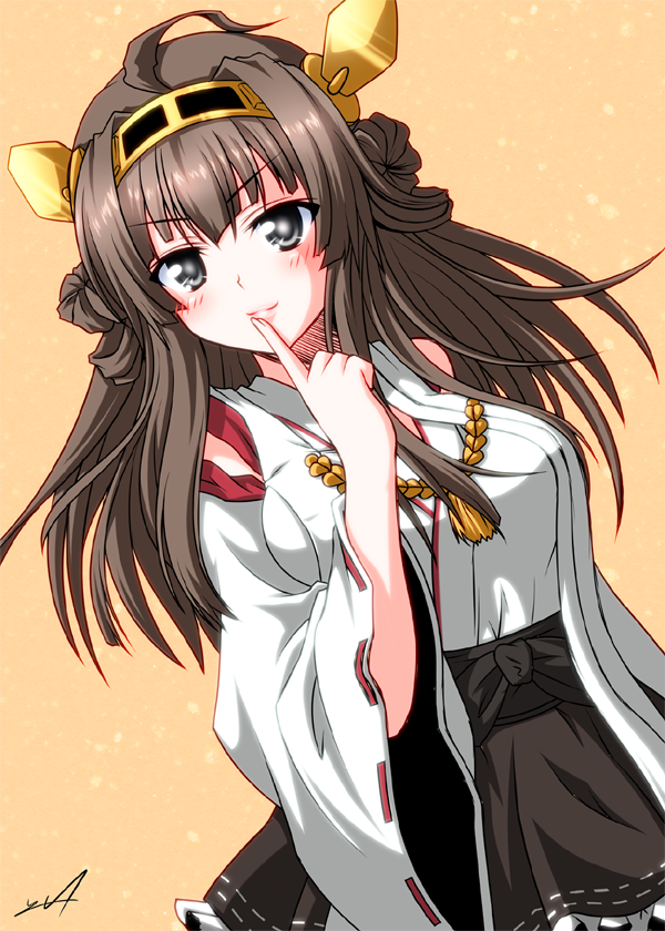 :3 bad_id bad_pixiv_id bare_shoulders black_eyes blush brown_hair detached_sleeves double_bun finger_to_mouth kantai_collection kongou_(kantai_collection) long_hair nontraditional_miko pleated_skirt ribbon-trimmed_sleeves ribbon_trim skirt smile solo v-shaped_eyebrows yua_(checkmate)