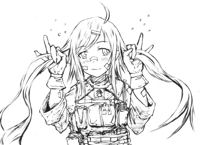 bad_id bad_pixiv_id bae.c bandaid gloves greyscale holding holding_hair long_hair looking_at_viewer military monochrome original smile solo twintails walkie-talkie