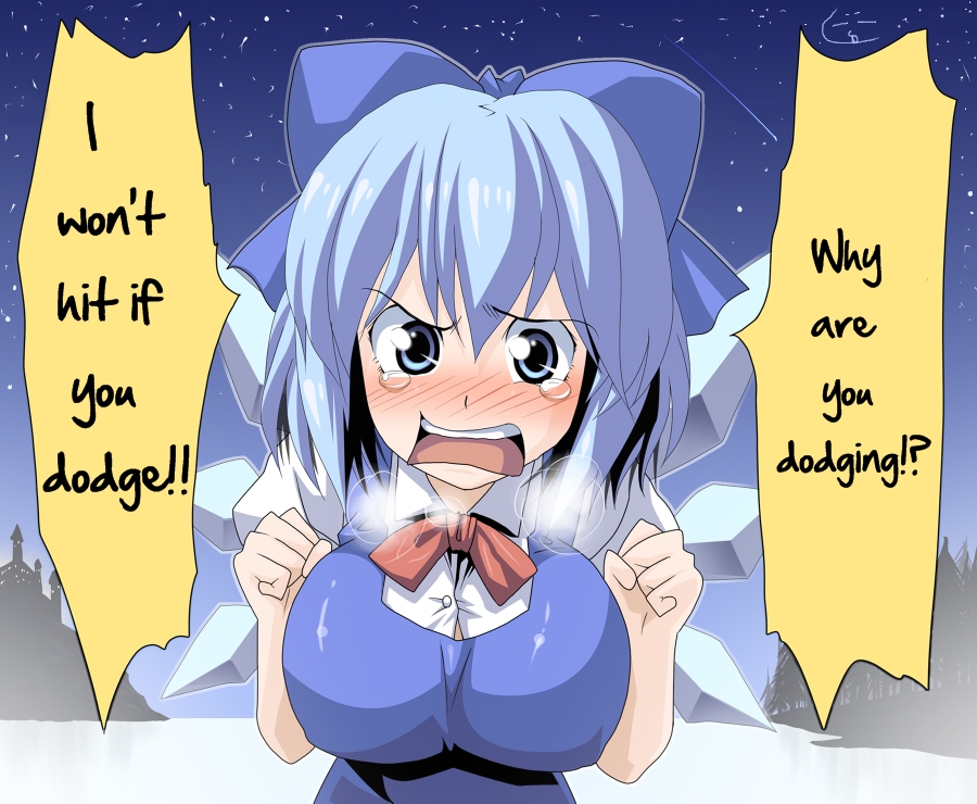 1girl adult alternate_breast_size angry blue_eyes blue_hair blush breasts cirno female kloah large_breasts older ribbon short_hair solo tears text the_embodiment_of_scarlet_devil touhou translated wings