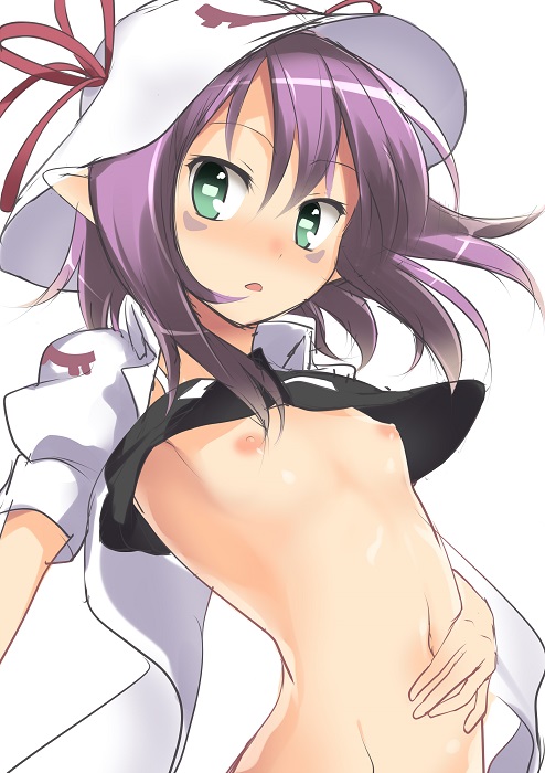 blush bottomless crop_top facial_mark flat_chest green_eyes hand_on_own_stomach hat looking_at_viewer merry_nightmare navel nipples no_bra open_mouth pointy_ears purple_hair ribbon short_hair simple_background solo uhyoko white_background yumekui_merry