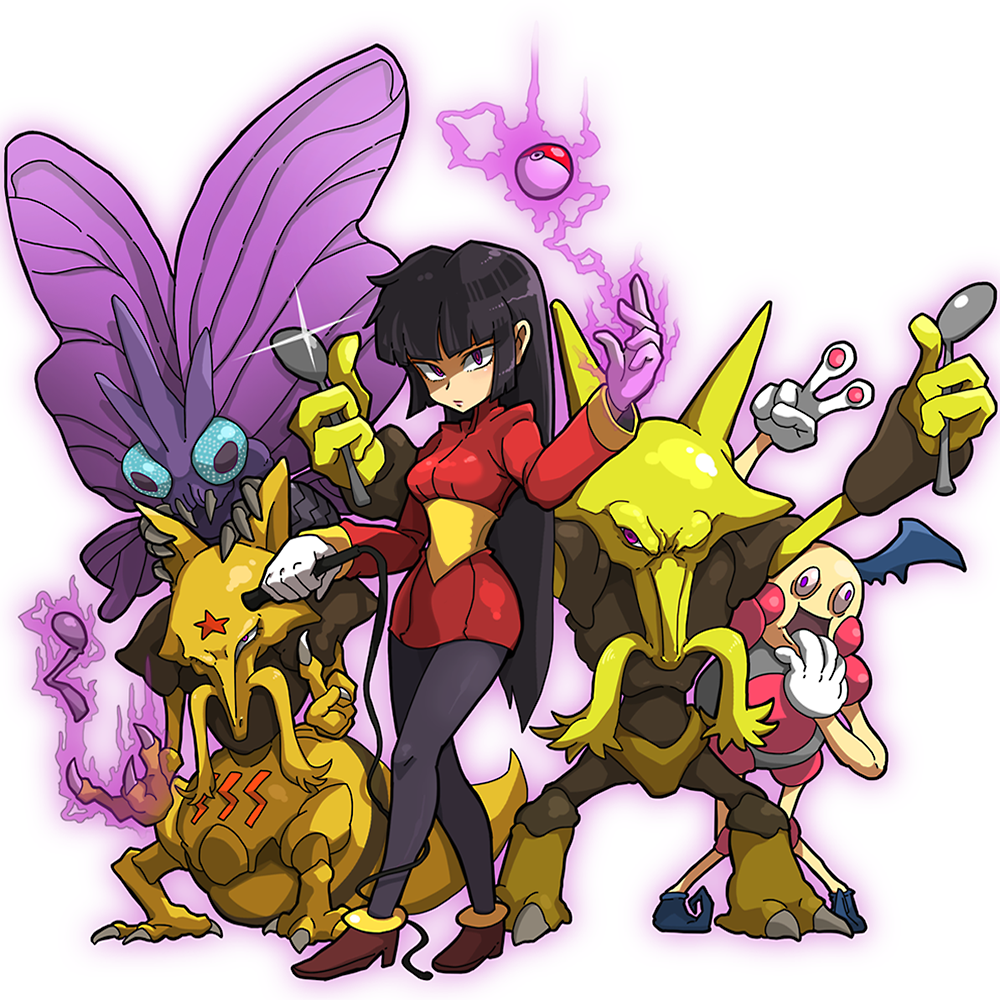 alakazam ankle_boots bangs black_hair black_legwear boots floating gen_1_pokemon gloves gym_leader kadabra kafun levitation long_hair mr._mime natsume_(pokemon) pantyhose poke_ball pokemon pokemon_(creature) pokemon_(game) pokemon_rgby purple_eyes slender_waist spoon v venomoth whip white_background white_gloves