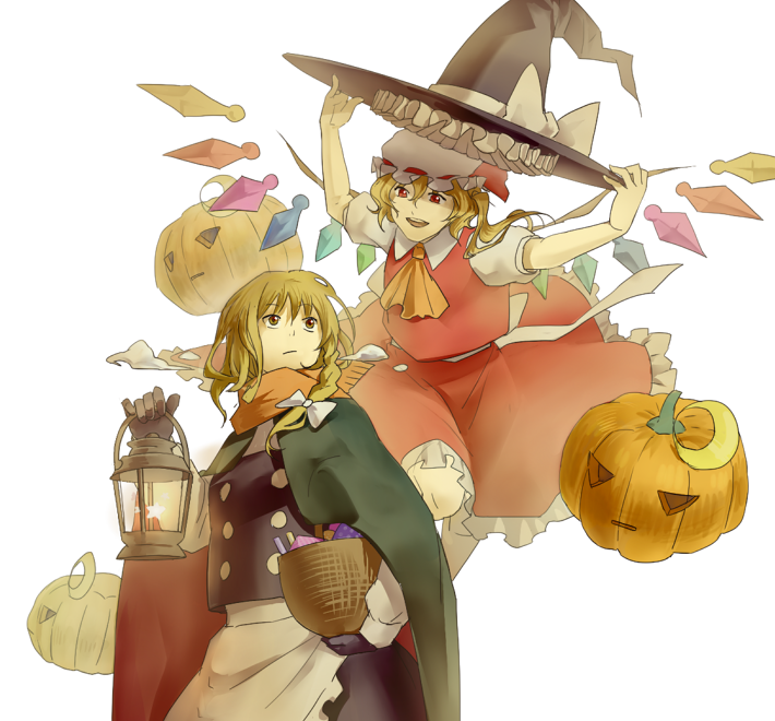 apron ascot bad_id bad_pixiv_id basket blonde_hair bow braid cape carrying_under_arm crescent expressionless flandre_scarlet flying gloves hair_bow hat hat_removed hat_ribbon headwear_removed holding holding_hat jack-o'-lantern kirisame_marisa lantern leg_up long_sleeves looking_at_another looking_back mob_cap multiple_girls open_mouth puffy_short_sleeves puffy_sleeves red_eyes ribbon scarf short_hair short_sleeves simple_background single_braid skirt skirt_set star touhou vitaminlemon waist_apron white_background wings witch_hat yellow_eyes