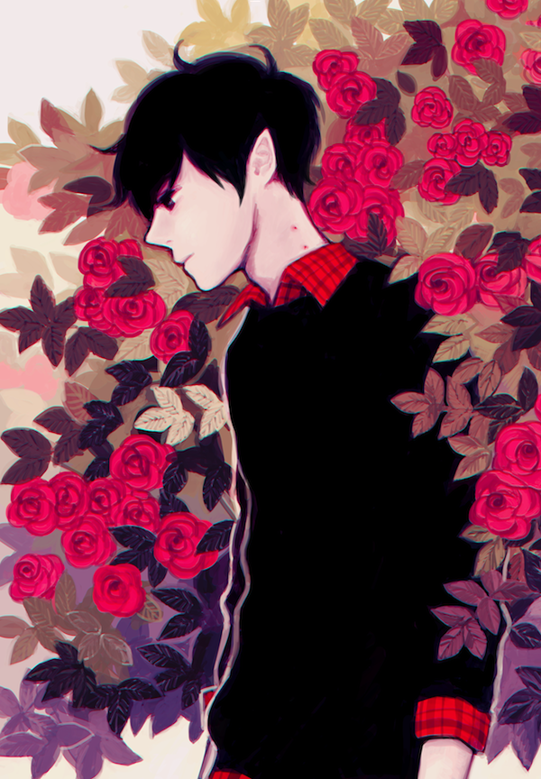 adventure_time bad_id bad_pixiv_id bite_mark black_hair bush expressionless flower from_side genderswap genderswap_(ftm) leaf male_focus marceline_abadeer marshall_lee pointy_ears profile red_flower red_rose rose solo sweater yoonmi